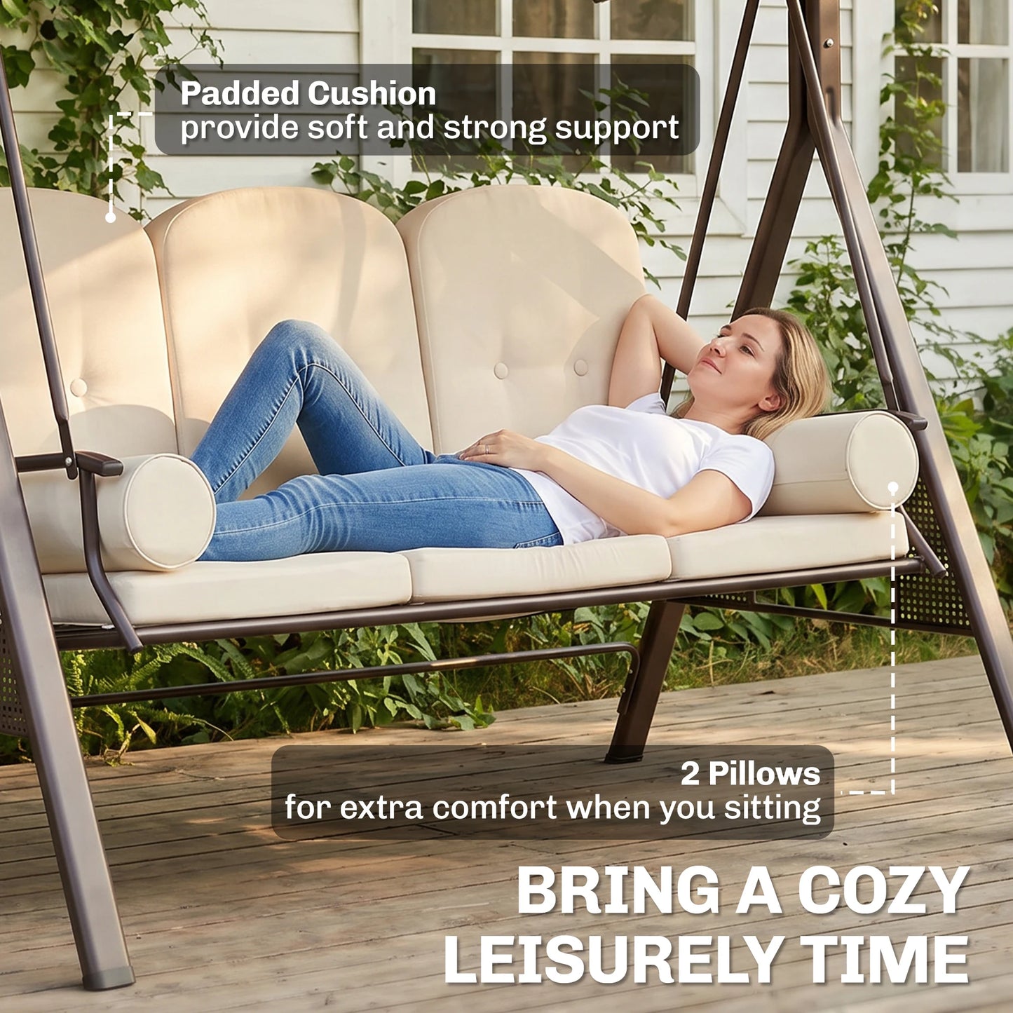 Three Person Outdoor Patio Canopy Cushioned Bench Swing