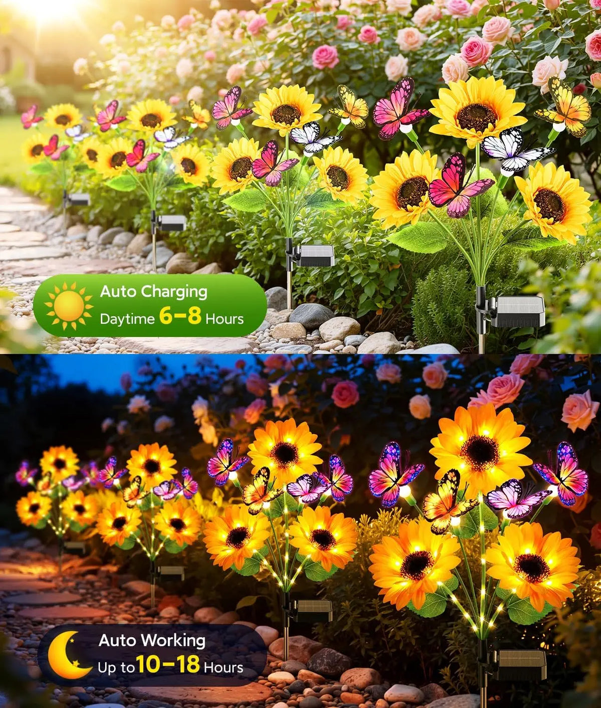 Solar Sunflower Garden Lights Four Pack Butterflies Outdoor Decor