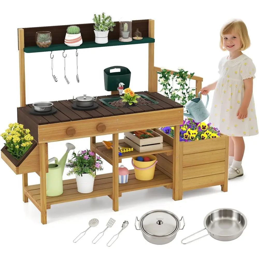 Wooden Mud Kitchen Potting Bench Sink Stoves Knobs Planter Boxes