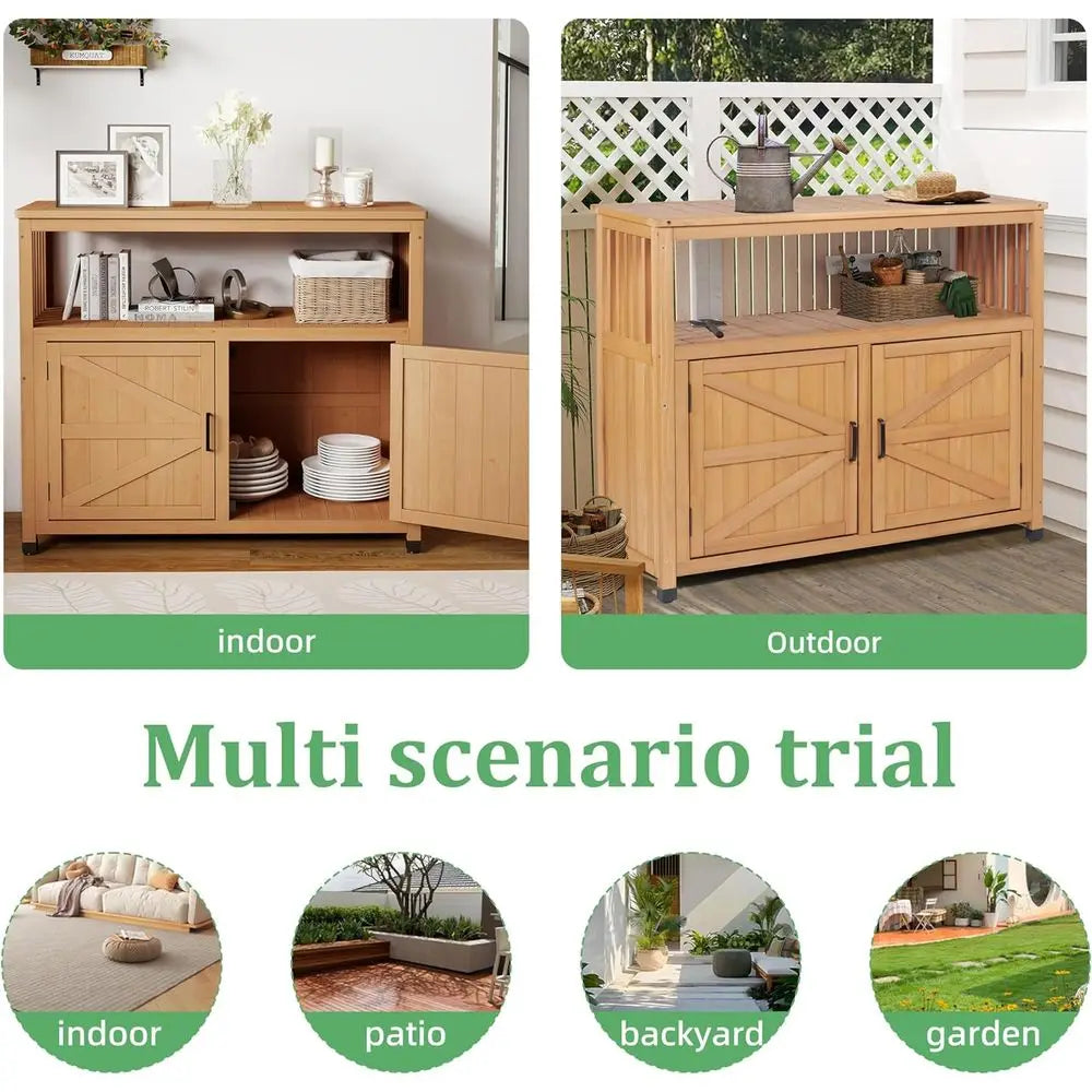 Outdoor Potting Bench With Storage Cabinet And Metal Top