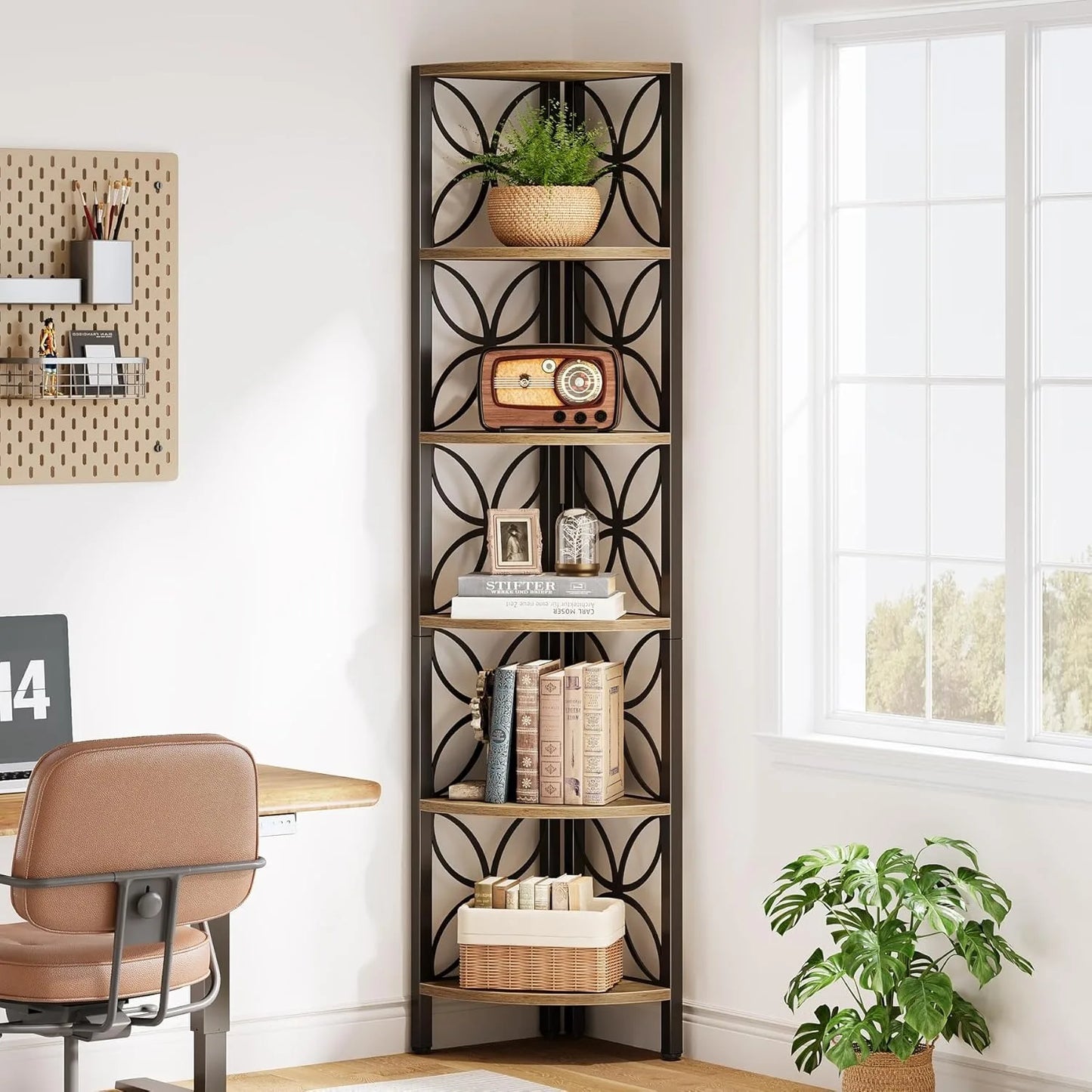 Little Tree 6-Tier Corner Shelf Industrial Wood Display Living Room