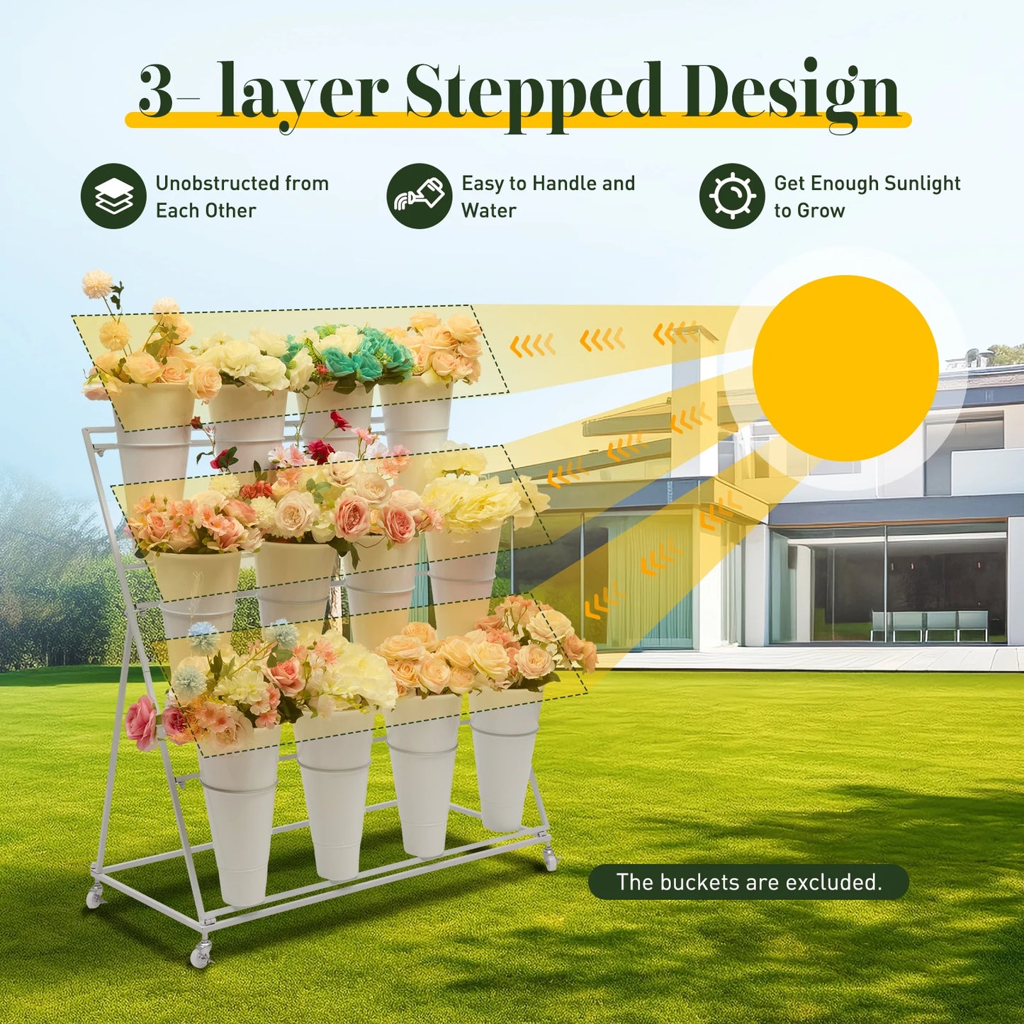 CNCEST Three-Tier Flower Display Stand With 12 Buckets And Wheels
