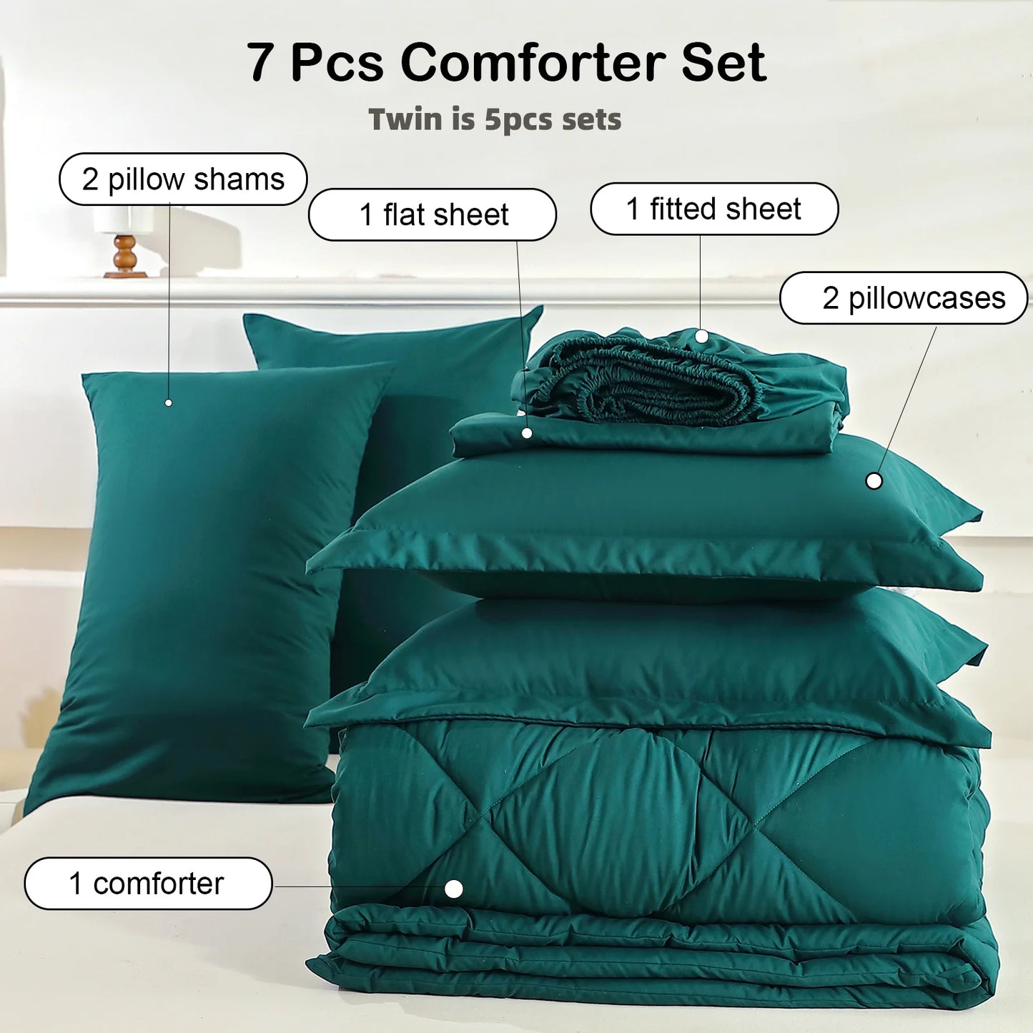 EasYum 7 Piece Bedding Set Comforter Flat Sheet Fitted Pillowcases