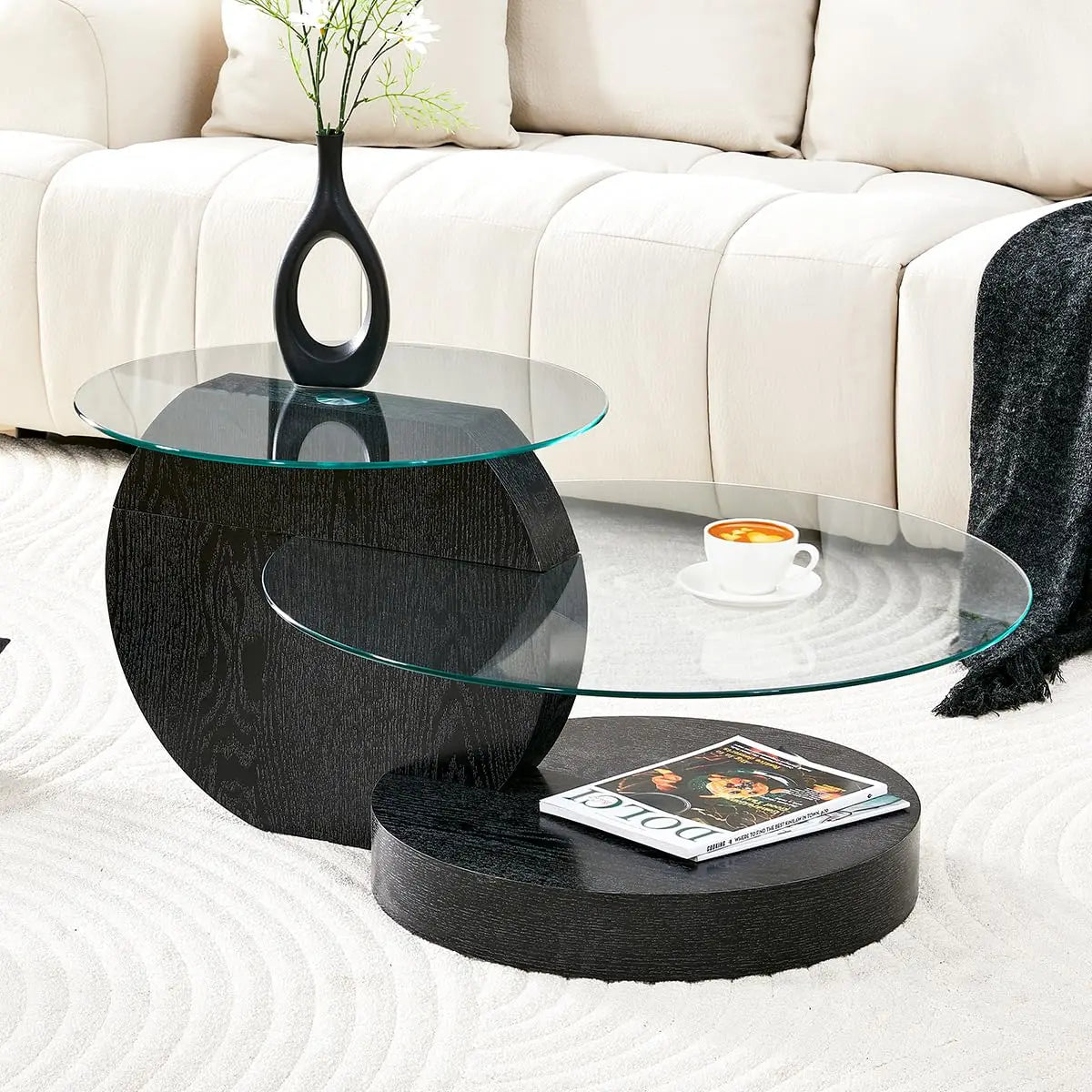 Round Glass Coffee Table With Wood Base Storage Modern Design