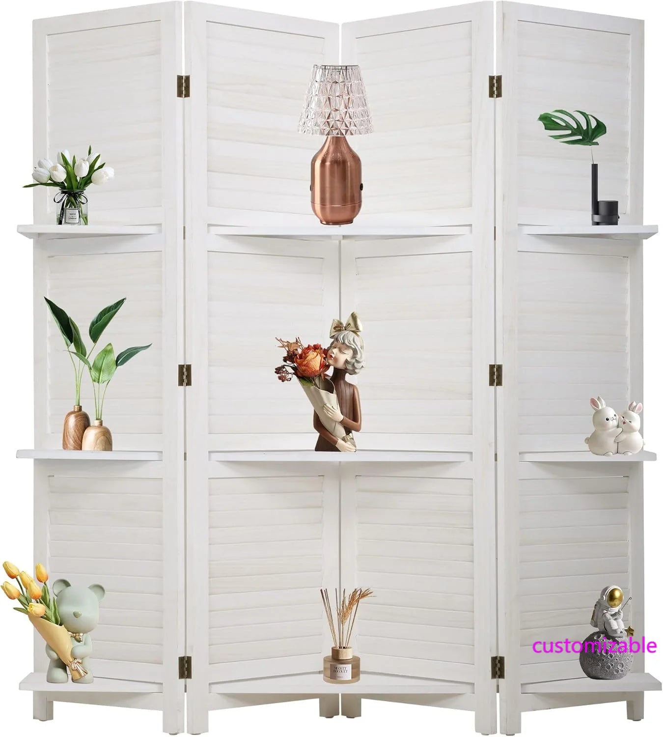 Wood Room Divider Folding Privacy Screen With Shelves Portable