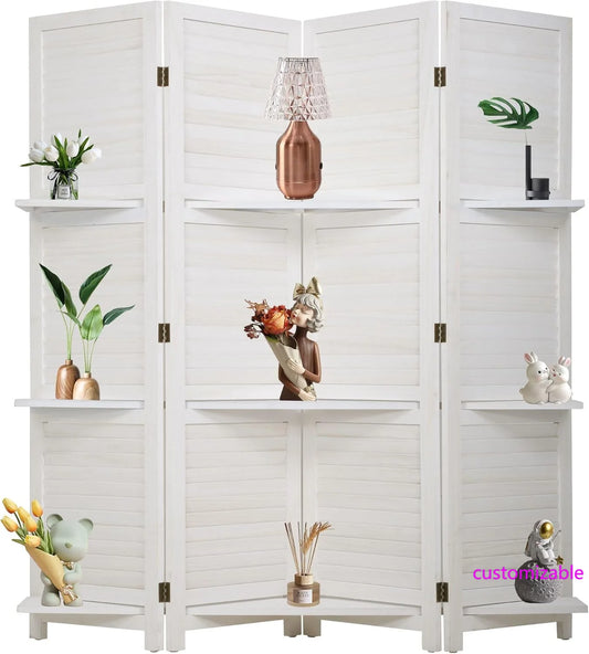 Wood Room Divider Folding Privacy Screen With Shelves Portable