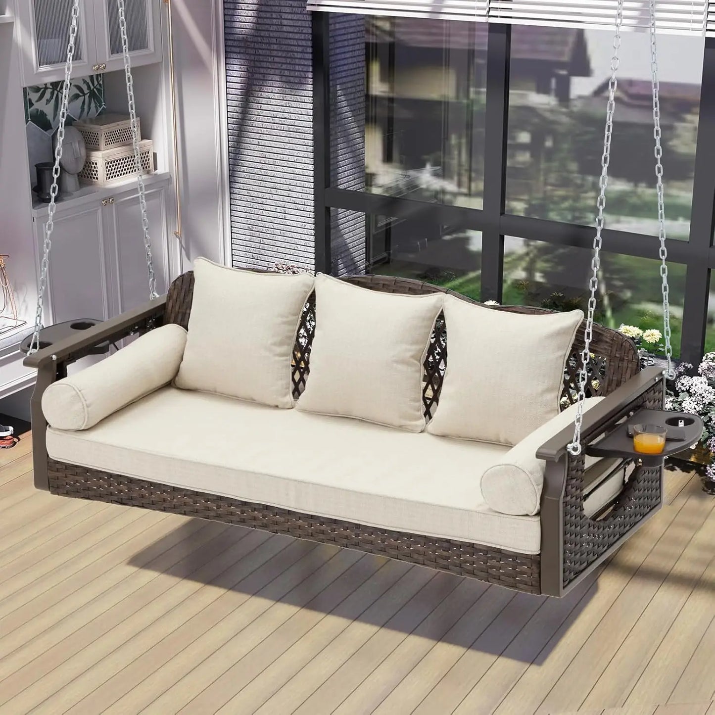 Outdoor 3 Seat Porch Swing with Cup Holders and Cushions
