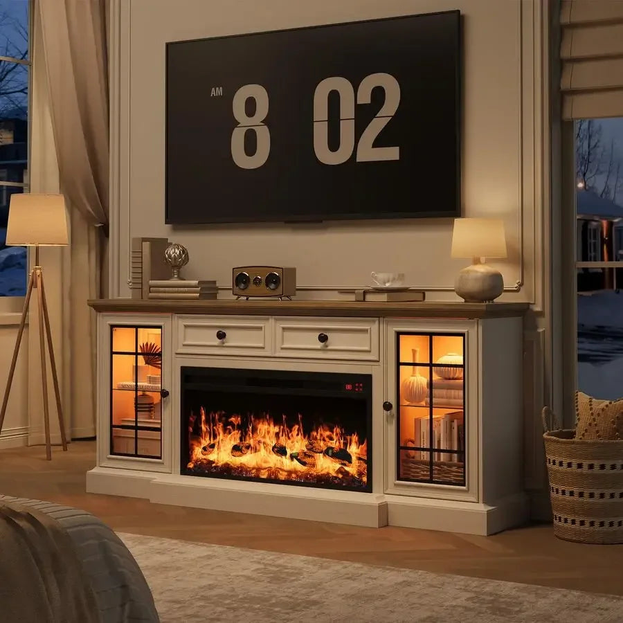 Farmhouse Media Console Entertainment Center With Electric Fireplace Led Lights