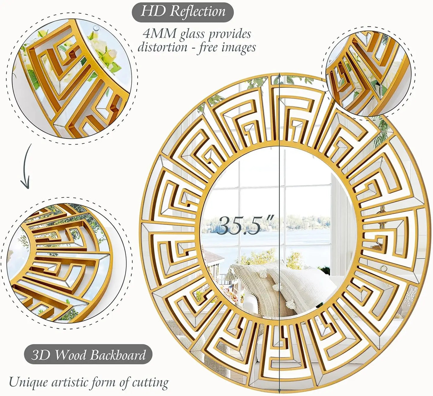 Round Wall Mirror Geometric Pattern Beveled Edge