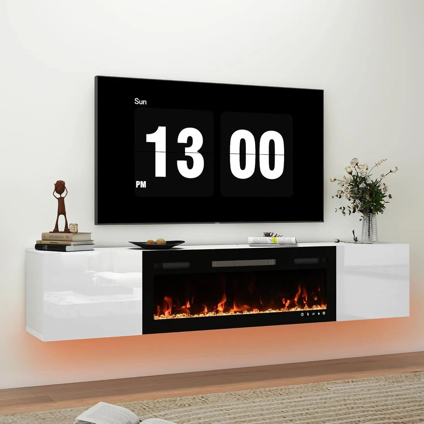 Floating TV Stand With Electric Fireplace And Storage