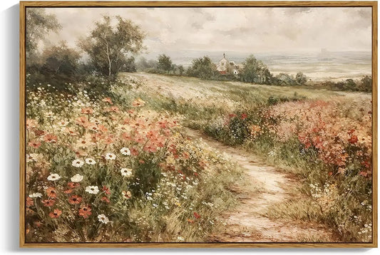 Vintage Framed Canvas Wall Art Landscape Wildflowers Farmhouse Decor
