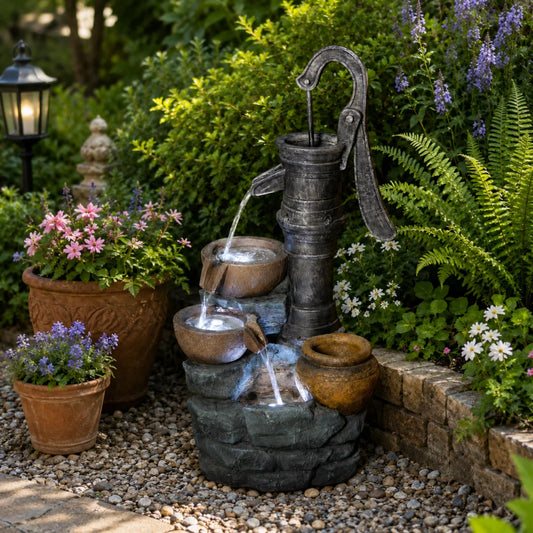 Outdoor Garden Fountain With Vintage Pump For Patio Decor and Gardens