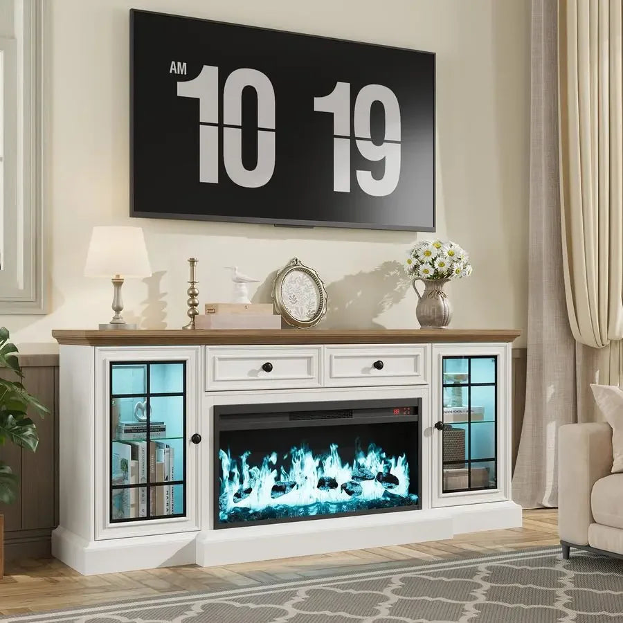 Farmhouse Media Console Entertainment Center With Electric Fireplace Led Lights