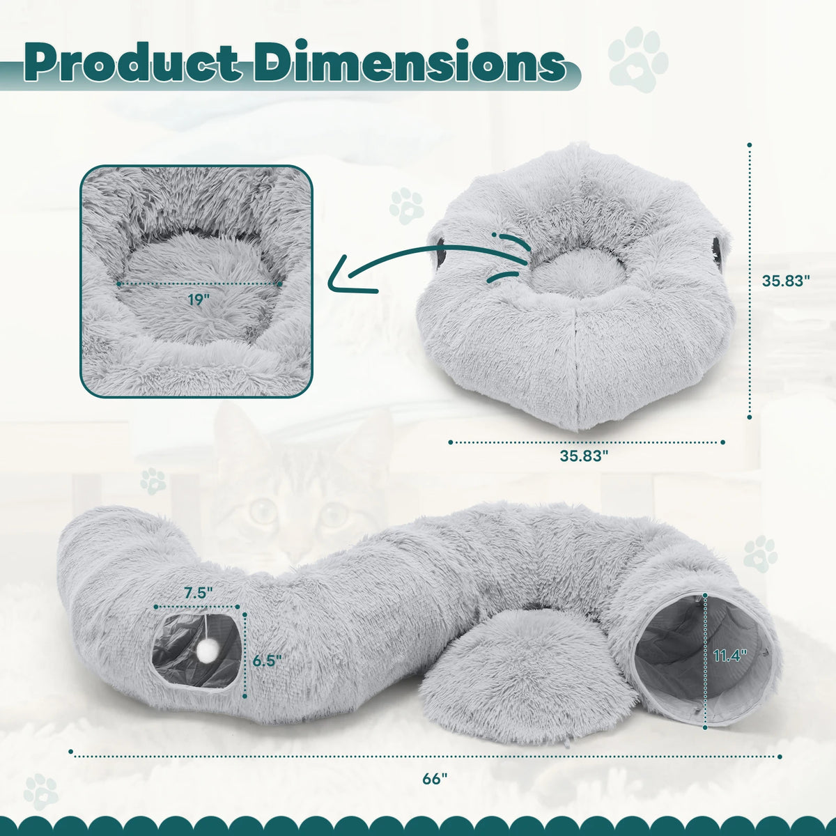 JHK Circular Cat Tunnel Bed With Soft Plush Washable Playground