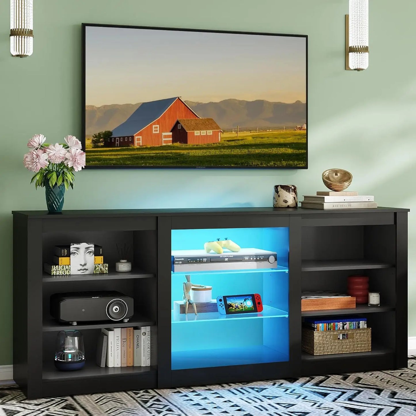 Modern TV Stand With Adjustable Shelves And RGB LED Lighting