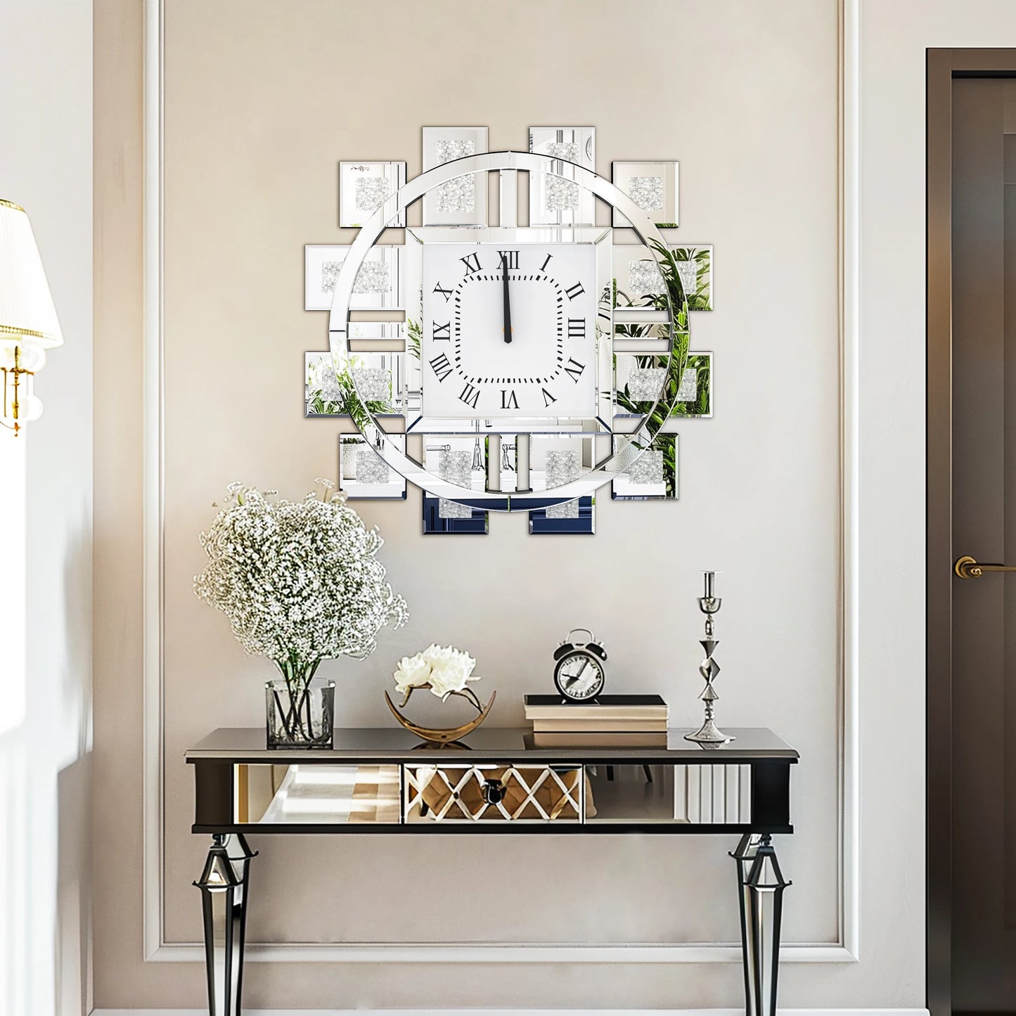 Crushed Diamond Mirrored Wall Clock With Roman Numerals