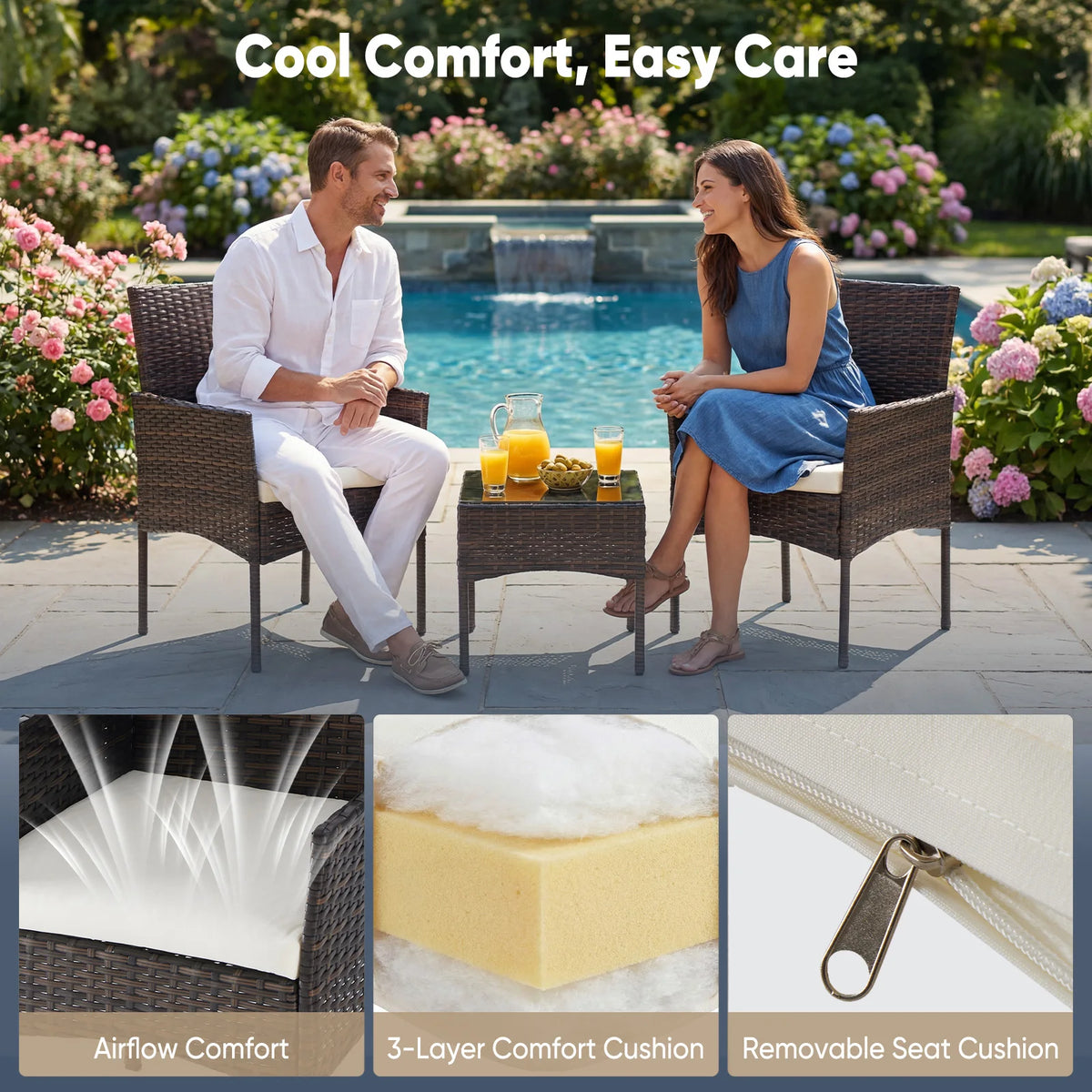 JHK Three Piece Outdoor Wicker Patio Bistro Set With Cushions