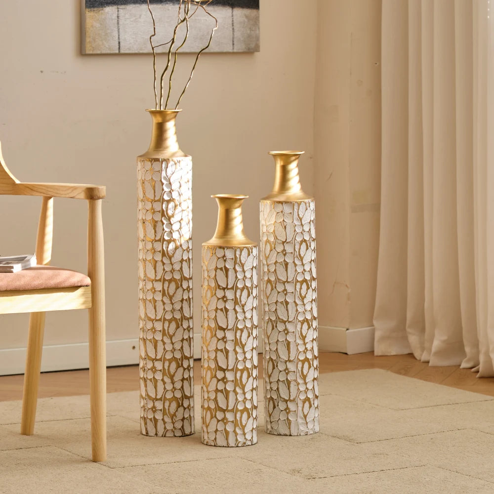Modern Gold Leaf Pattern Metal Floor Vases Set Home Decor