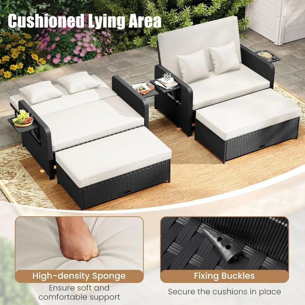 XIAOLANG Outdoor Patio Rattan Daybed With Cushions And Storage Ottoman