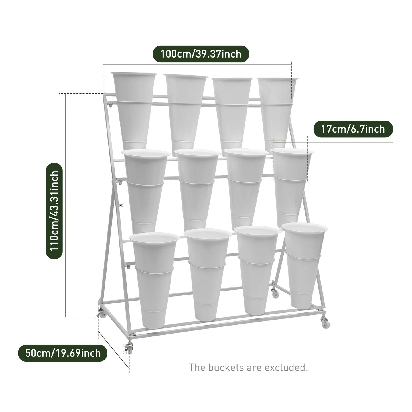 CNCEST Three-Tier Flower Display Stand With 12 Buckets And Wheels