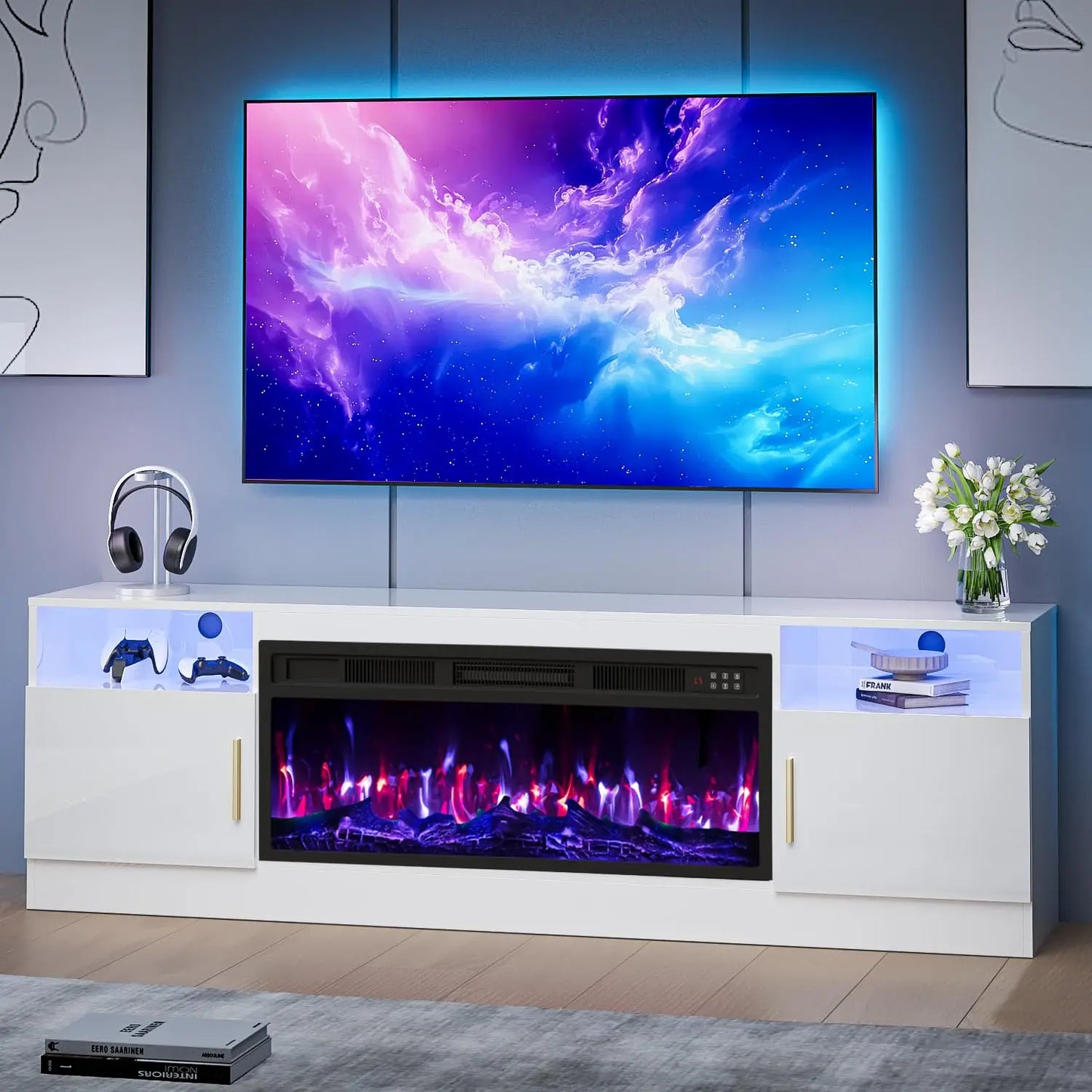 TV Stand With Fireplace LED Lighting For Living Room