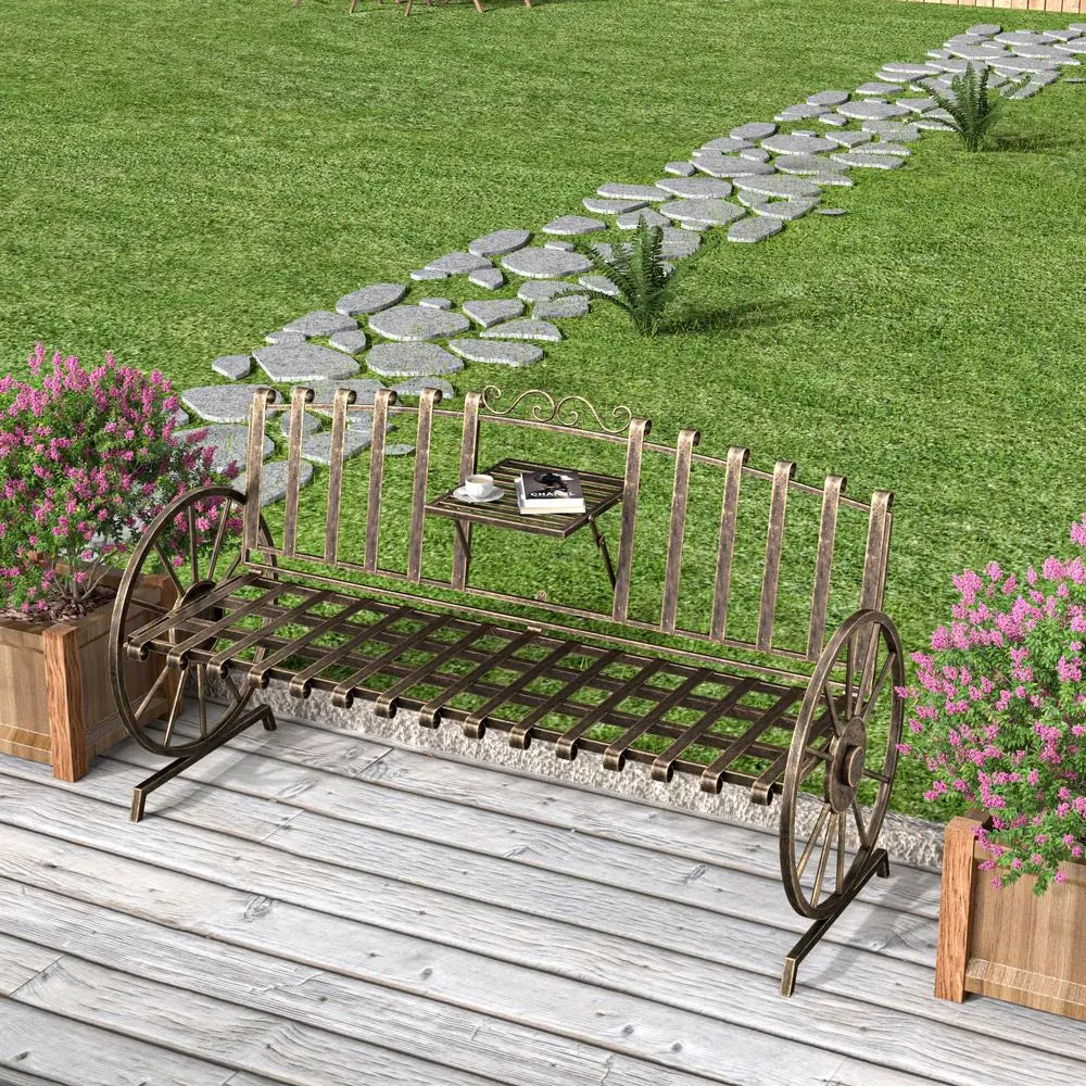 Outdoor Garden Bench With Built In Table And Wagon Wheel