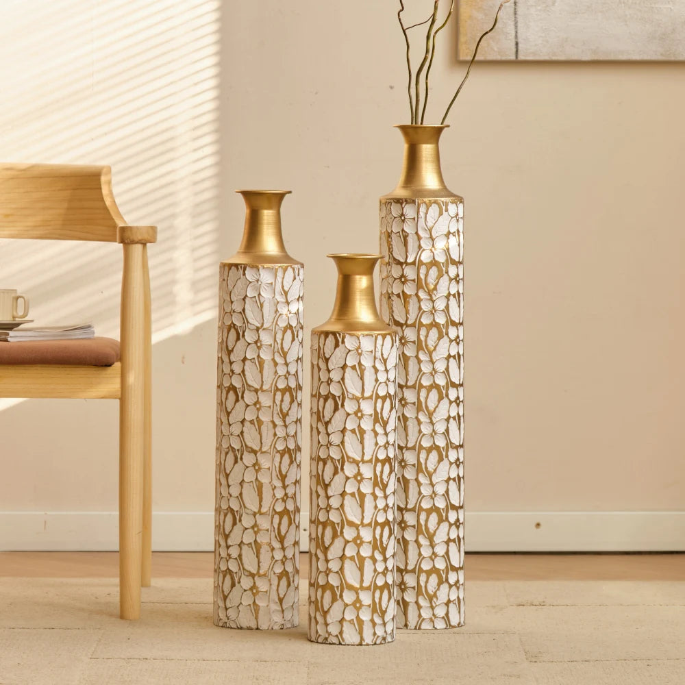 Modern Gold Leaf Pattern Metal Floor Vases Set Home Decor