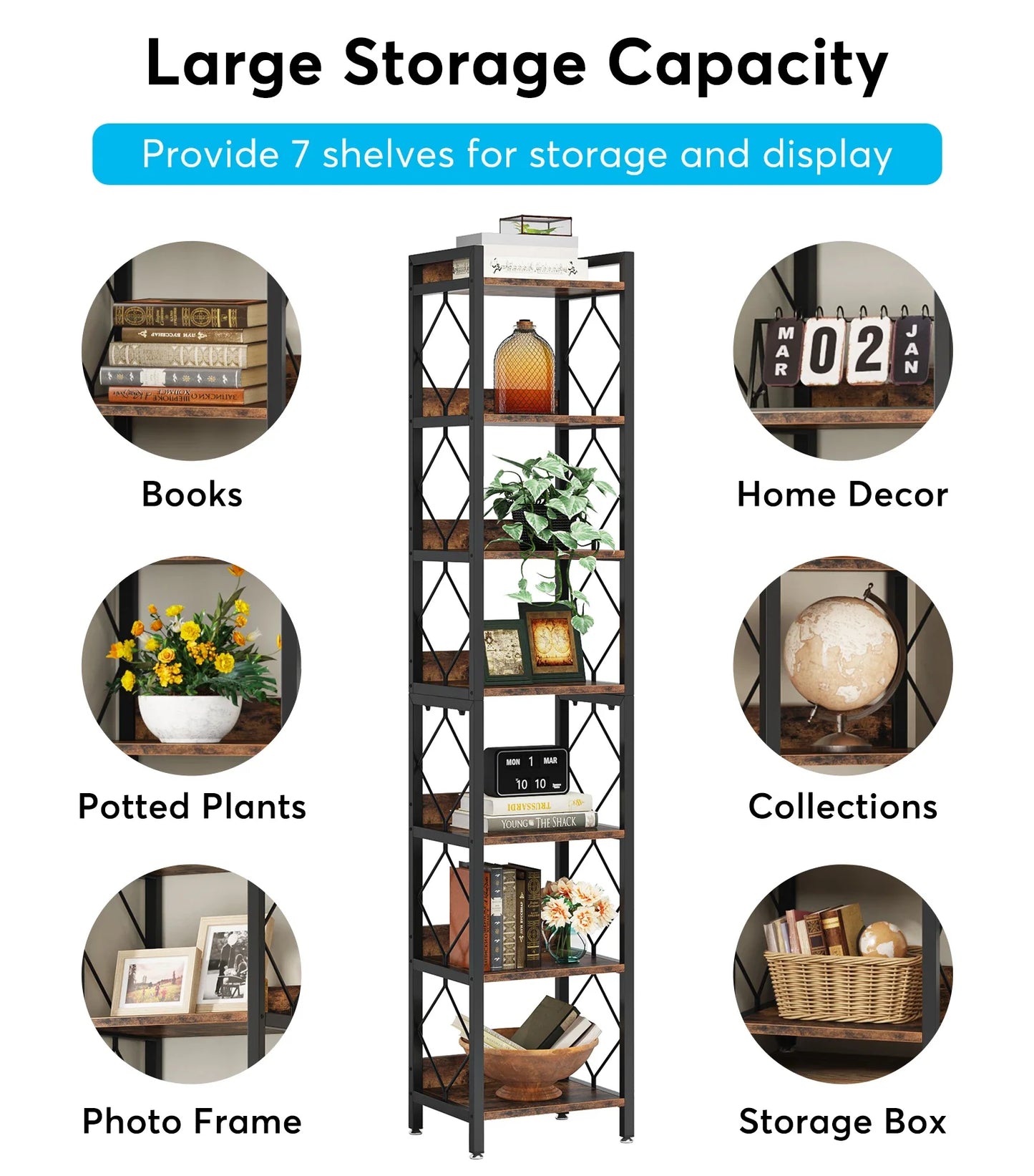 Tribesigns Narrow Bookshelf Seven Tier Freestanding Display Unit