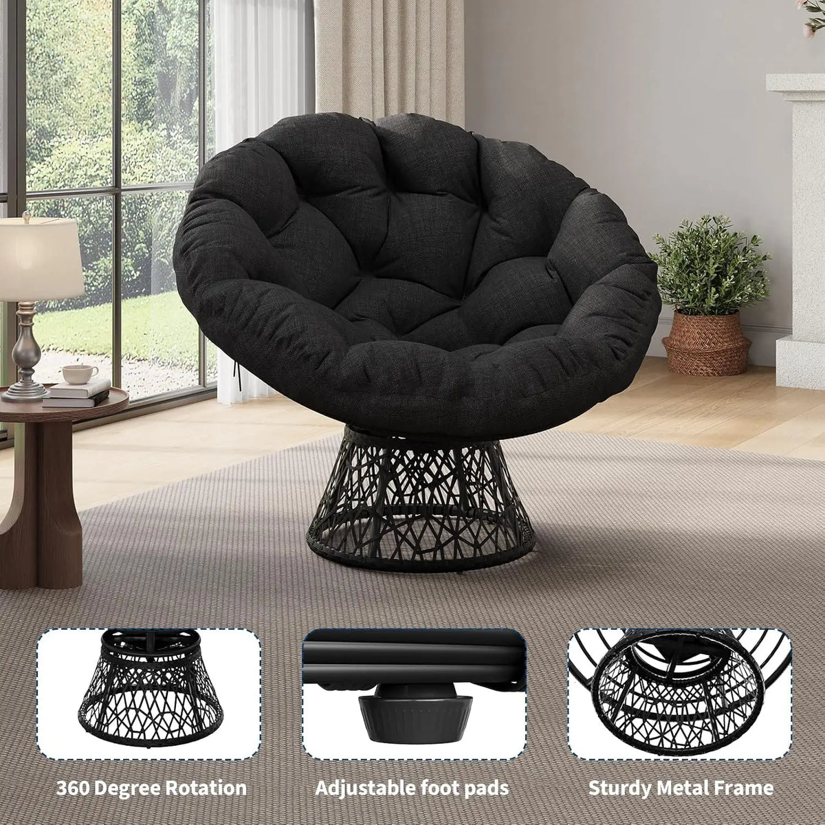 HiMISS Wicker Papasan Swivel Lounge Chair With Thick Cushion Base