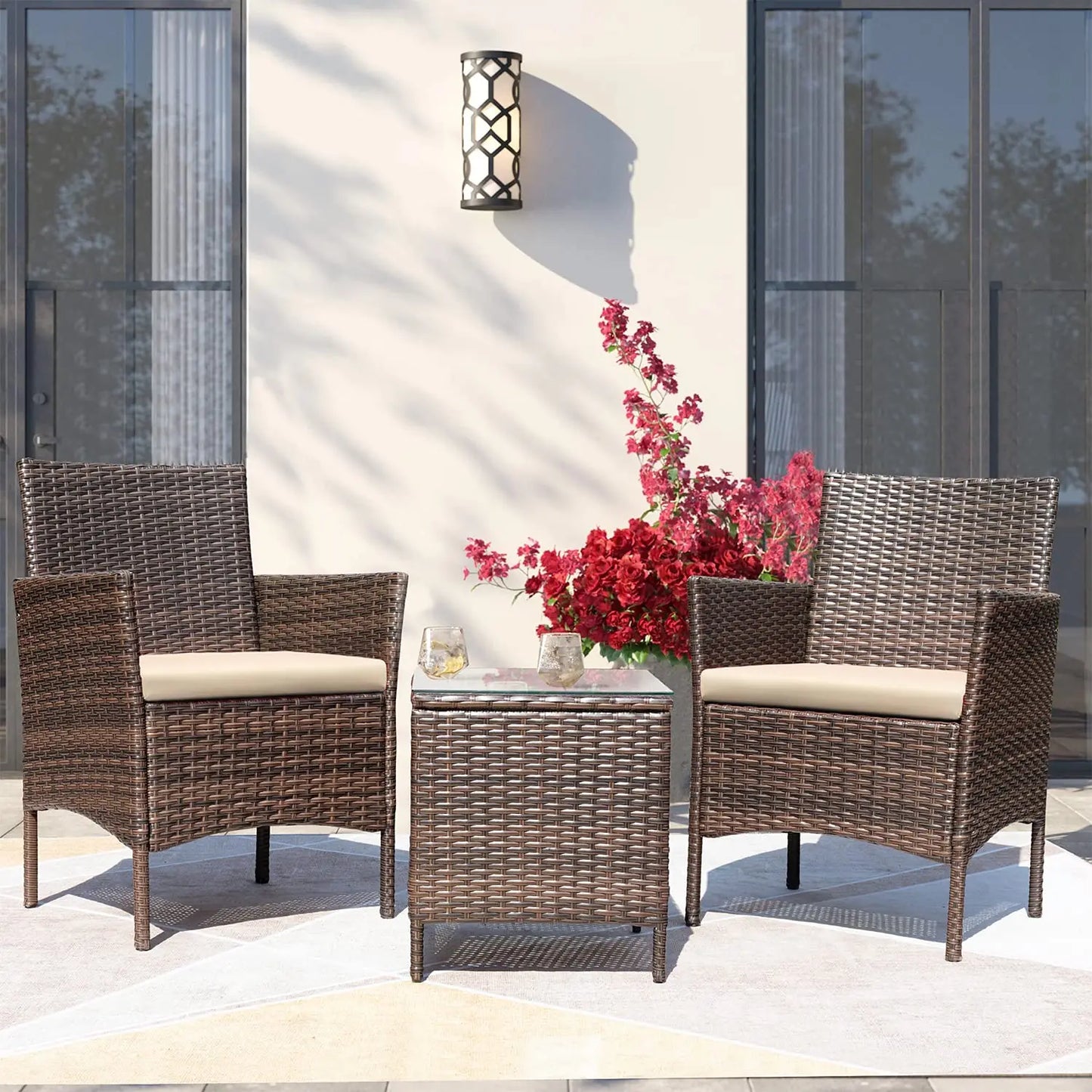 XIAOLANG 3 Piece Outdoor Patio Rattan Wicker Furniture Set