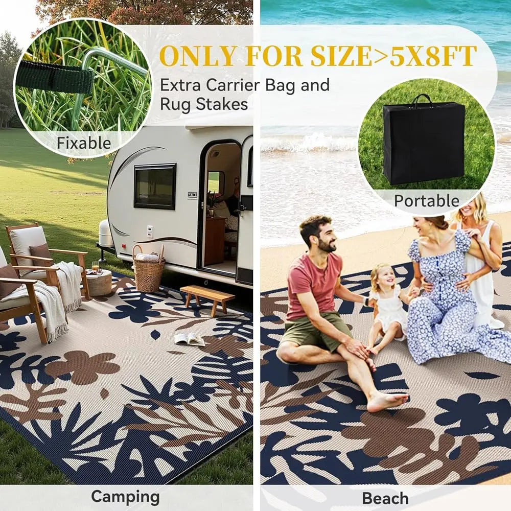 DIXSG Outdoor Rug Waterproof RV Reversible Floral Camping Patio Mat
