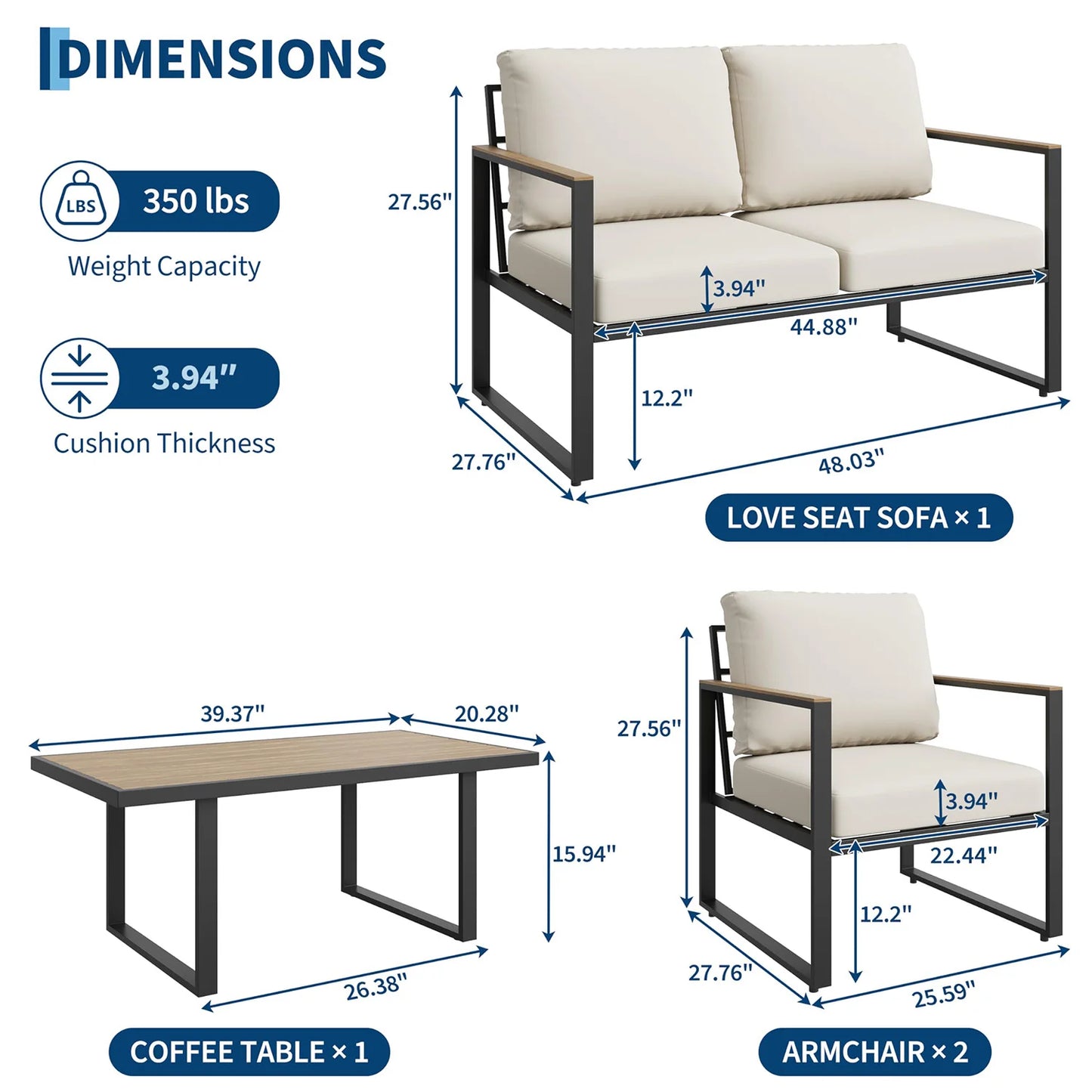 HobbyLane Modern 4 Piece Outdoor Patio Furniture Set With Coffee Table
