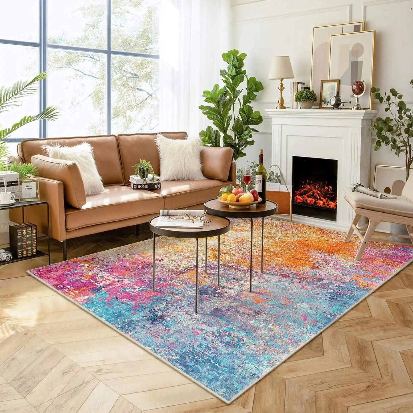 Modern Abstract Washable Area Rug Non Slip Low Pile Stain Resistant