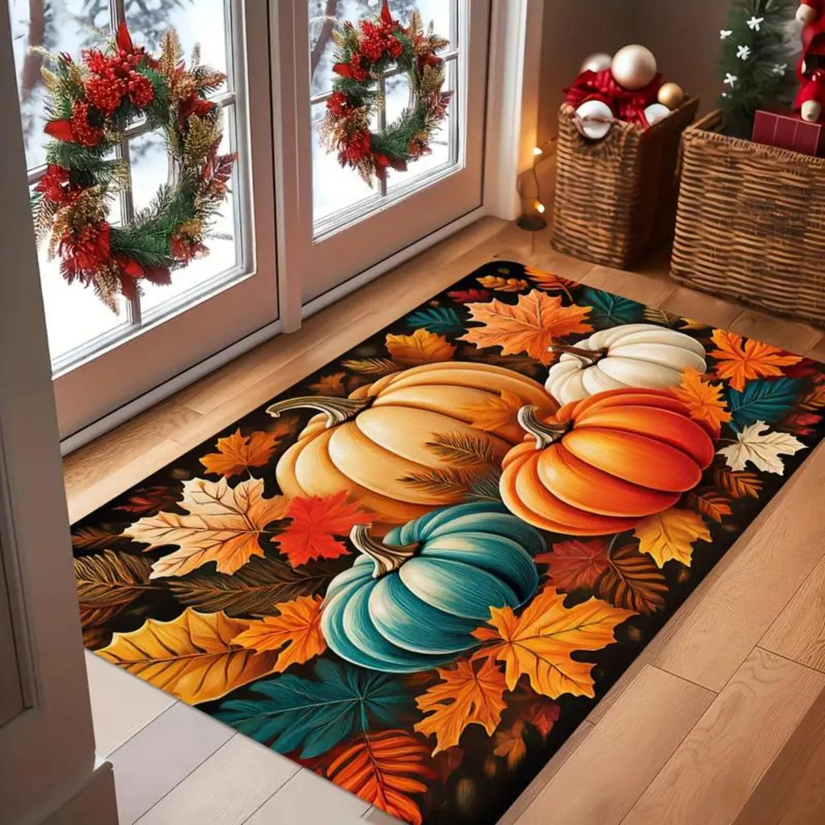 Autumn Pumpkin Leaf Doormat Non Slip Entrance Floor Rug
