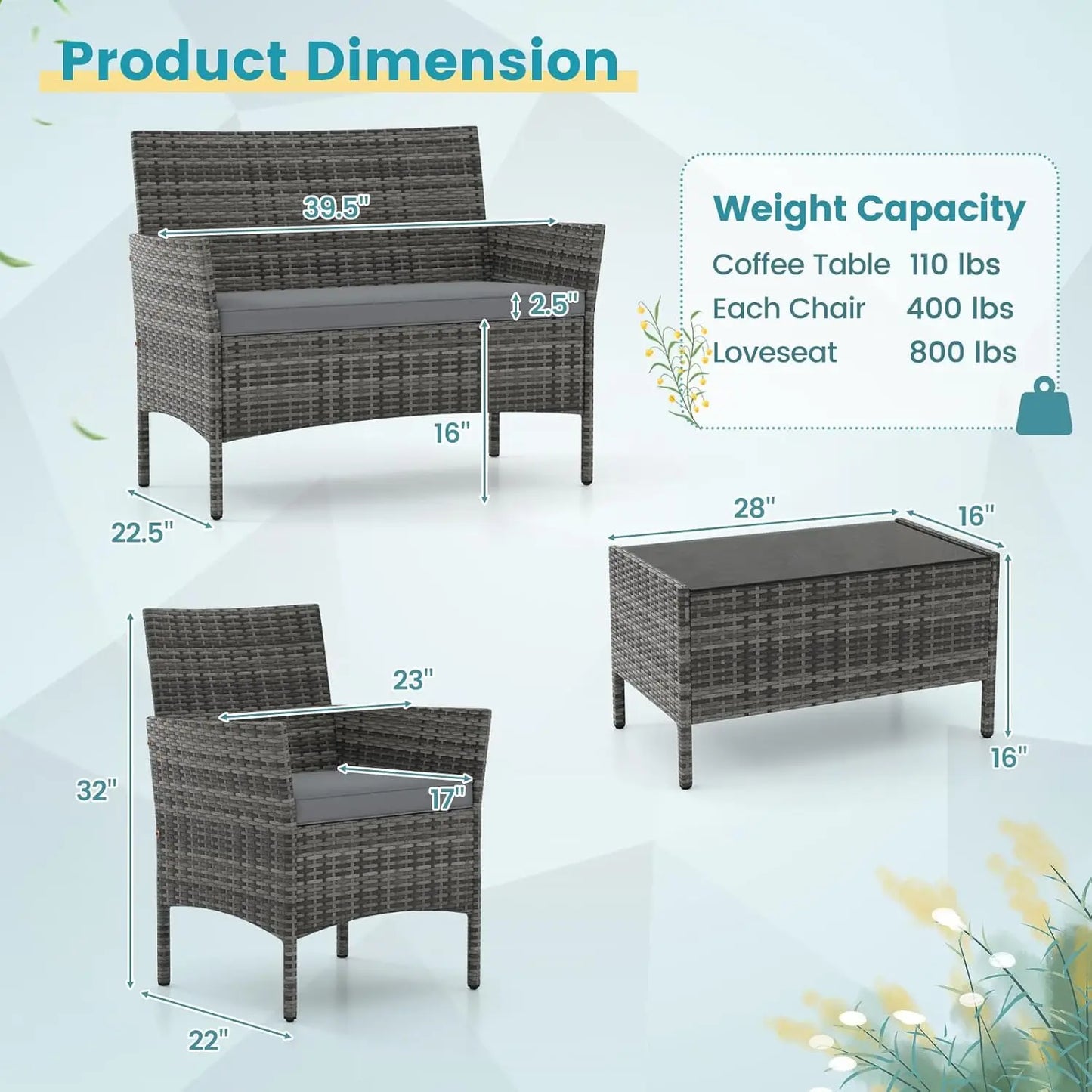 Rattan Outdoor 4-Piece Patio Set With Cushions And Glass Coffee Table