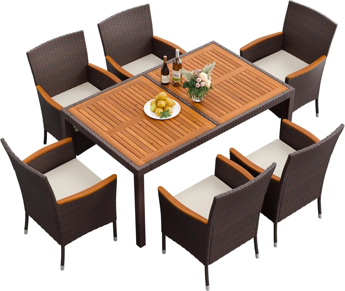 Acacia Wood Patio Dining Set With Cushions And Wicker Outdoor Furniture