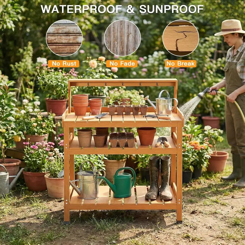 Potting Bench Table With 9 Hooks Outdoor Garden Workstation