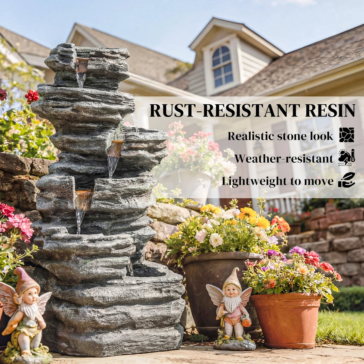 Outsunny Outdoor Six Tier Rock Waterfall Fountain for Garden Relaxation