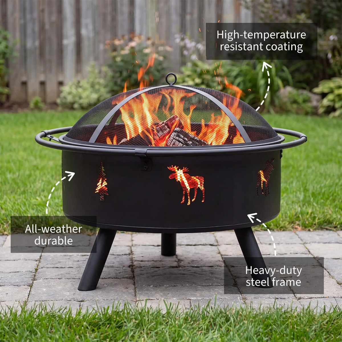 HiMISS Wood Burning Fire Pit With Spark Screen And Poker