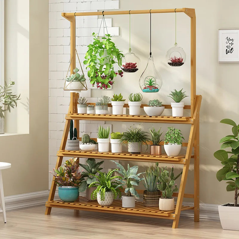 Bamboo 3 Tier Plant Stand Folding Indoor Outdoor Garden Shelf