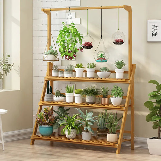 Bamboo 3 Tier Plant Stand Folding Indoor Outdoor Garden Shelf