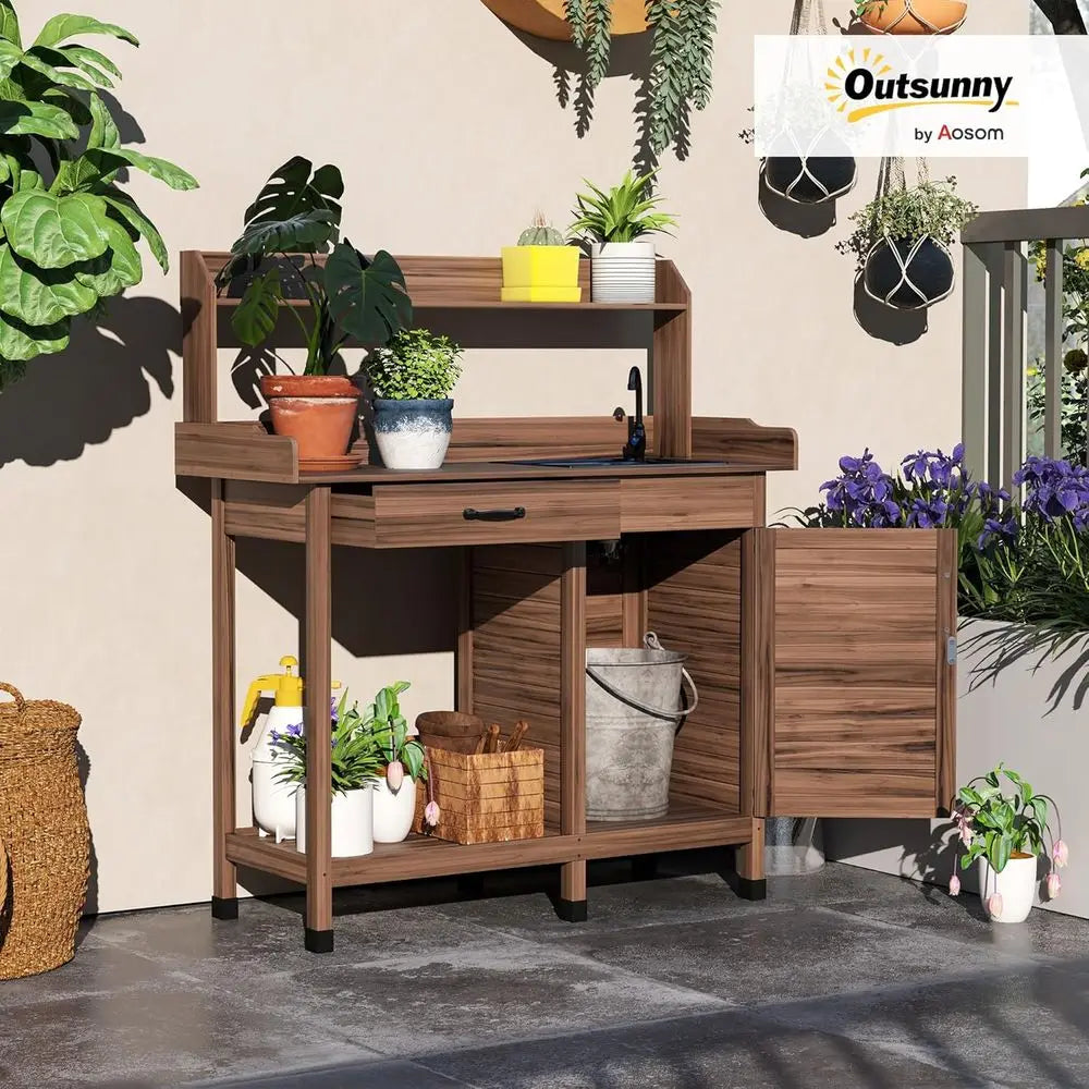 Outdoor Potting Bench With Removable Sink And Storage Cabinet