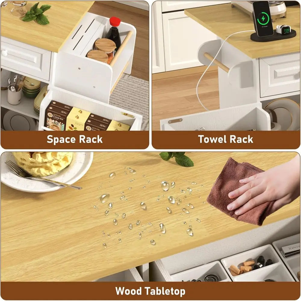 Mobile Kitchen Island Cart With Power Outlet Drop Leaf Storage