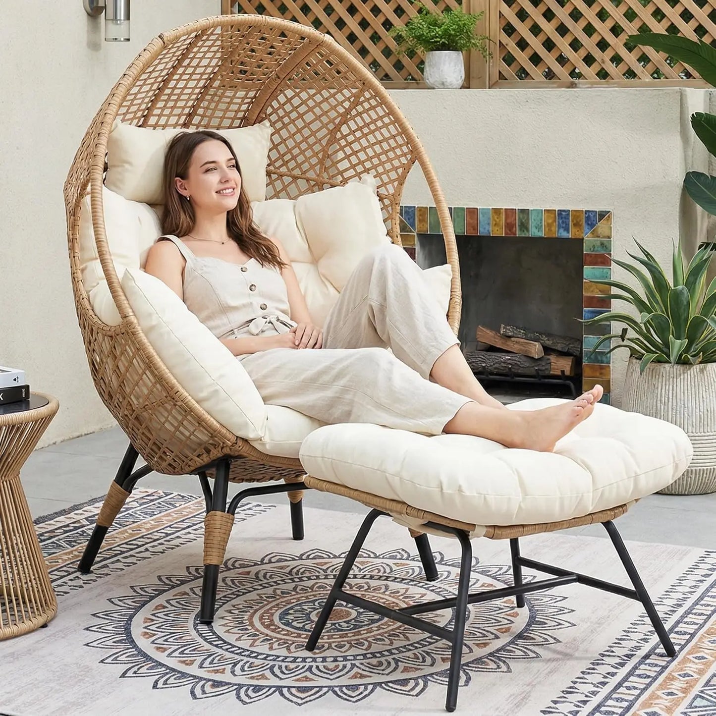 Indoor Outdoor Egg Chair With Ottoman Cushioned Lounge Footrest