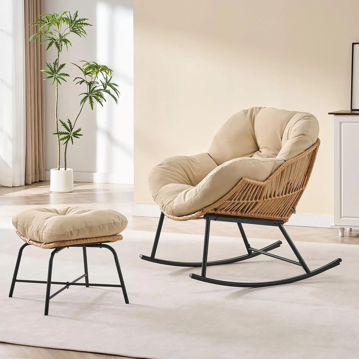 ONBRILL Rattan Papasan Rocking Chair And Ottoman Lounge Set