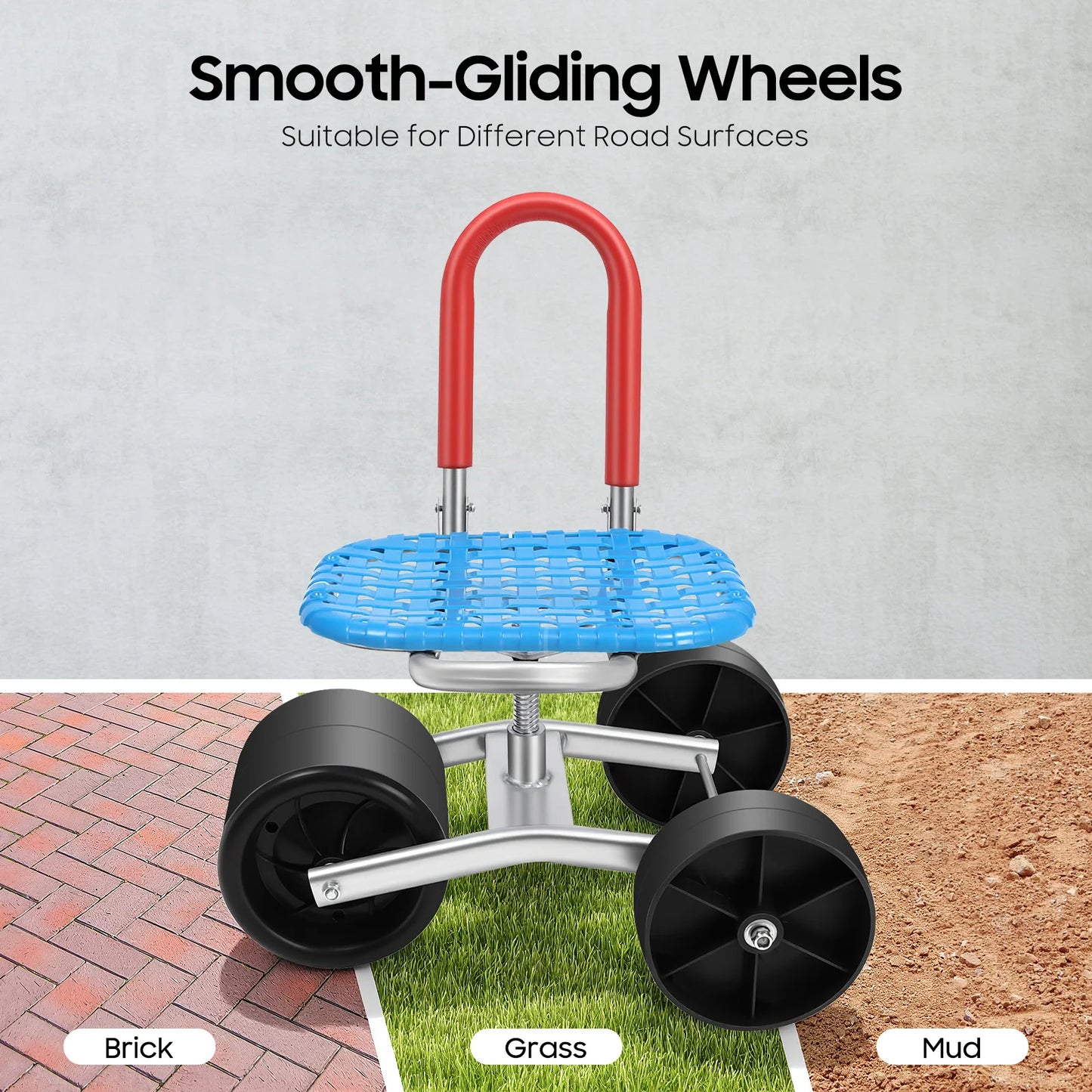 Bymaocar Three Wheel Rolling Garden Stool With 360 Degree Swivel Steel Frame